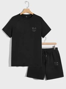 Manfinity RebelGame Men Reflective Cartoon Graphic Tee & Shorts - Black - View 2