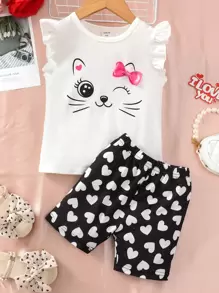 Young Girl Cartoon Graphic Ruffle Trim Tee & Heart Print Shorts - Black and White - View 1