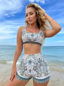 SHEIN Swim Summer Beach Paisley Print Bikini Set Crop Tank Top & Boxer Shorts 2 Pieces Bikini - Multicolor - View 3