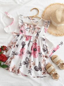 Niñitas Vestido con estampado floral de malla ribete con fruncido - Blanco - Ver 1