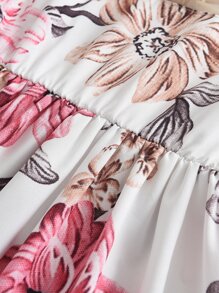 Niñitas Vestido con estampado floral de malla ribete con fruncido - Blanco - Ver 4