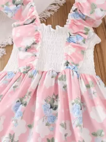 Toddler Girls Floral Print Ruffle Trim Shirred Dress - Multicolor - View 3