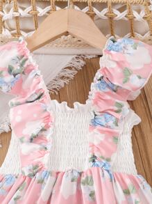 Toddler Girls Floral Print Ruffle Trim Shirred Dress - Multicolor - View 4