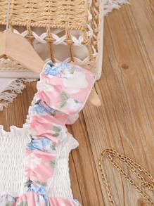 Toddler Girls Floral Print Ruffle Trim Shirred Dress - Multicolor - View 6