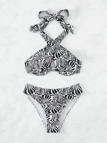 Zebra Striped Halter Underwire Summer Beach Bikini Set - Black and White - View 7
