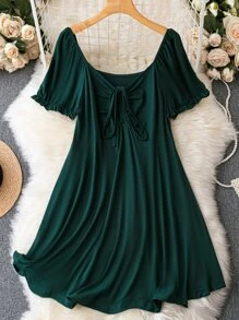 SHEIN LUNE Đầm Plus Size Dây kéo viền lá sen Xù màu trơn Giải trí - Màu xanh lá cây đậm - Xem 1