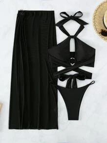 交叉式頸帶夏季沙灘比基尼套裝，含沙灘裙 - 黑色 - 查看 3