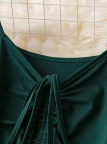 SHEIN LUNE Đầm Plus Size Dây kéo viền lá sen Xù màu trơn Giải trí - Màu xanh lá cây đậm - Xem 3