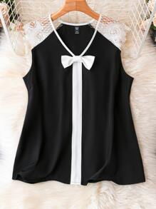 SHEIN LUNE 大碼拼接水溶蕾絲前蝴蝶結襯衫 - 黑色 - 查看 1