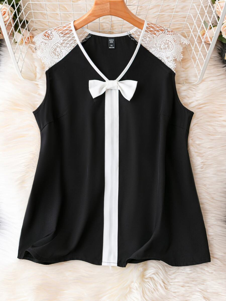 SHEIN LUNE 大碼拼接水溶蕾絲前蝴蝶結襯衫 - 黑色 - 查看 1