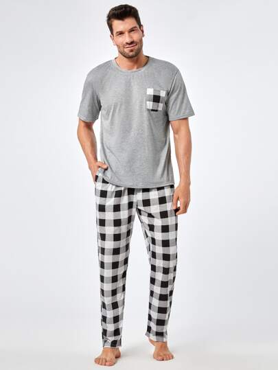 Guys Gingham Print Pocket Patched Tee & Pants PJ Set