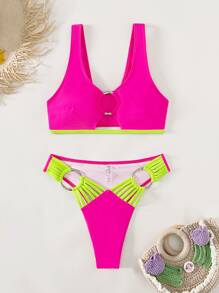 夏季海灘彩色環狀剪裁對比霓虹邊泳裝套裝
