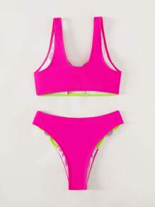 夏季海灘彩色環狀剪裁對比霓虹邊泳裝套裝