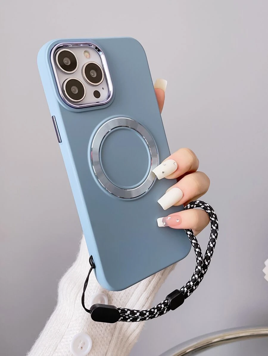 灰色磁吸鍍膜鏡片保護板+黑白色可調掛繩新款軟質手機殼保護套 - 藍色 - 查看 1