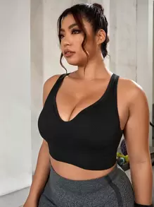 Yoga Basic Plus Solid Crisscross Back Sports Bra - Black - View 5