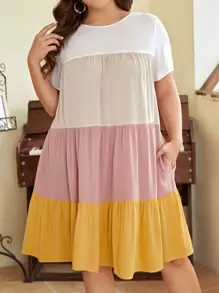 SHEIN LUNE Plus Colorblock Ruffle Hem Smock Dress - Yellow - View 1