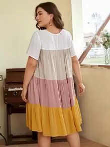 SHEIN LUNE Plus Colorblock Ruffle Hem Smock Dress - Yellow - View 2