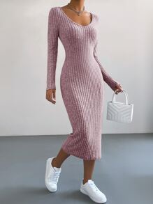 SHEIN Essnce V領條紋針織緊身連衣裙 - 粉色 - 查看 3