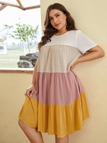 SHEIN LUNE Plus Colorblock Ruffle Hem Smock Dress - Yellow - View 3