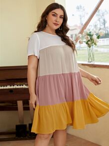 SHEIN LUNE Plus Colorblock Ruffle Hem Smock Dress - Yellow - View 4