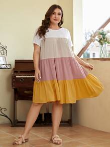 SHEIN LUNE Plus Colorblock Ruffle Hem Smock Dress - Yellow - View 5
