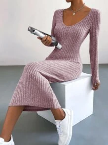 SHEIN Essnce V領條紋針織緊身連衣裙 - 粉色 - 查看 5