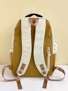 字母貼片功能背包，帶卡通袋飾物書包，適合畢業生、青少年女孩、新生、大二、初中和高中學生、大學和高中，非常適合戶外、旅行和返校 - 米色 - 查看 2