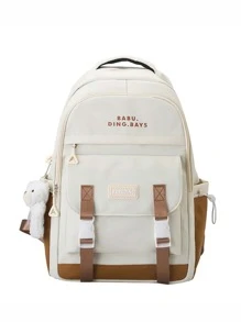 字母貼片功能背包，帶卡通袋飾物書包，適合畢業生、青少年女孩、新生、大二、初中和高中學生、大學和高中，非常適合戶外、旅行和返校 - 米色 - 查看 3