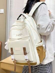 字母貼片功能背包，帶卡通袋飾物書包，適合畢業生、青少年女孩、新生、大二、初中和高中學生、大學和高中，非常適合戶外、旅行和返校 - 米色 - 查看 4