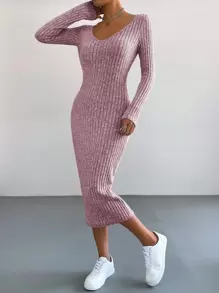 SHEIN Essnce V領條紋針織緊身連衣裙 - 粉色 - 查看 6