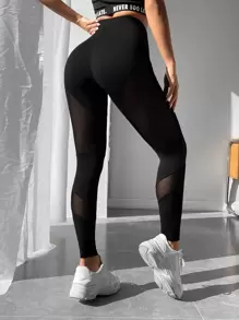 SHEIN PETITE Mesh Insert High Waist Leggings - Black - View 2