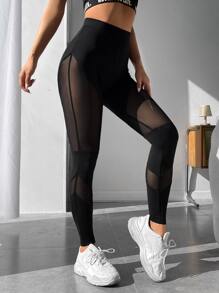 SHEIN PETITE Mesh Insert High Waist Leggings - Black - View 4