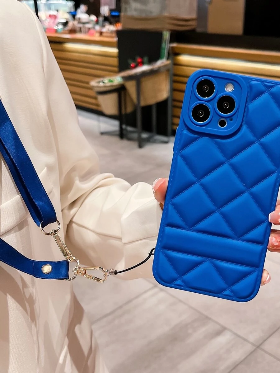 Quilted Phone Case With Lanyard - Blue - View 1