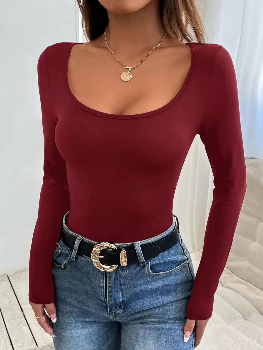 SHEIN PETITE Scoop Neck Slim Fit Spring Women Tee - Burgundy - View 1