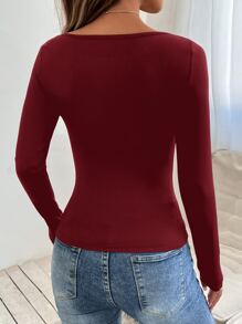 SHEIN PETITE Scoop Neck Slim Fit Spring Women Tee - Burgundy - View 2