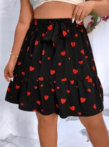 Calvaya Falda con estampado de corazón bajo con fruncido con cinturón - Negro - Ver 1