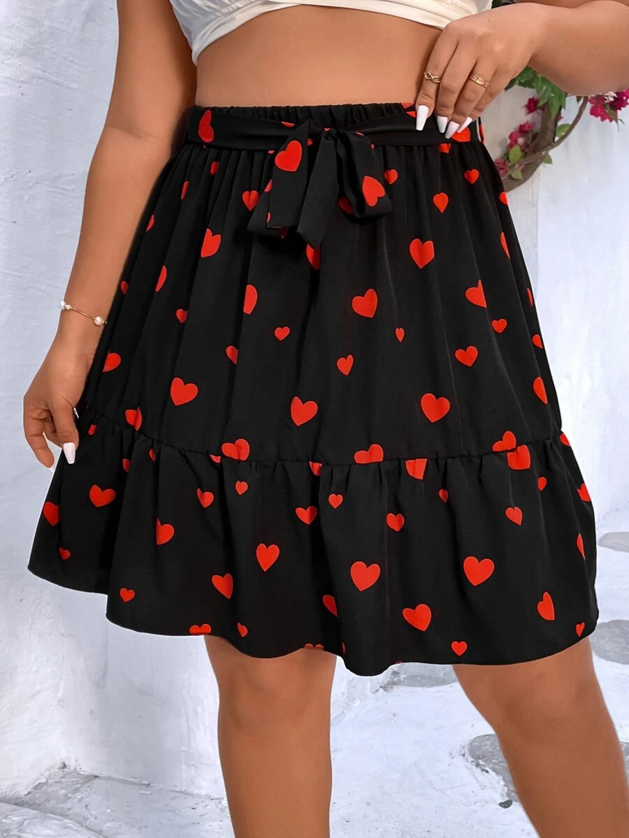Calvaya Falda con estampado de corazón bajo con fruncido con cinturón - Negro - Ver 1