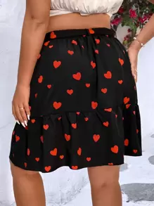 Calvaya Falda con estampado de corazón bajo con fruncido con cinturón - Negro - Ver 2