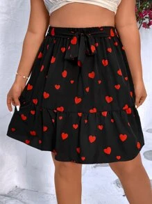 Calvaya Falda con estampado de corazón bajo con fruncido con cinturón - Negro - Ver 4