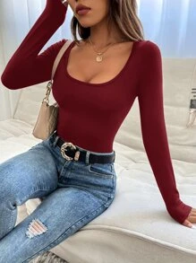 SHEIN PETITE Scoop Neck Slim Fit Spring Women Tee - Burgundy - View 5