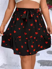 Calvaya Falda con estampado de corazón bajo con fruncido con cinturón - Negro - Ver 3