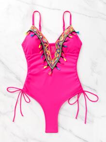 Bañador una pieza con diseño de fleco con cordón lateral fruncido - Rosa Fucsia - Ver 4