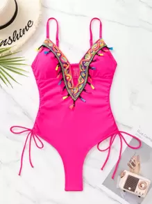 Bañador una pieza con diseño de fleco con cordón lateral fruncido - Rosa Fucsia - Ver 3