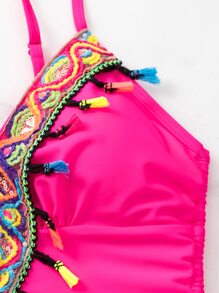 Bañador una pieza con diseño de fleco con cordón lateral fruncido - Rosa Fucsia - Ver 6