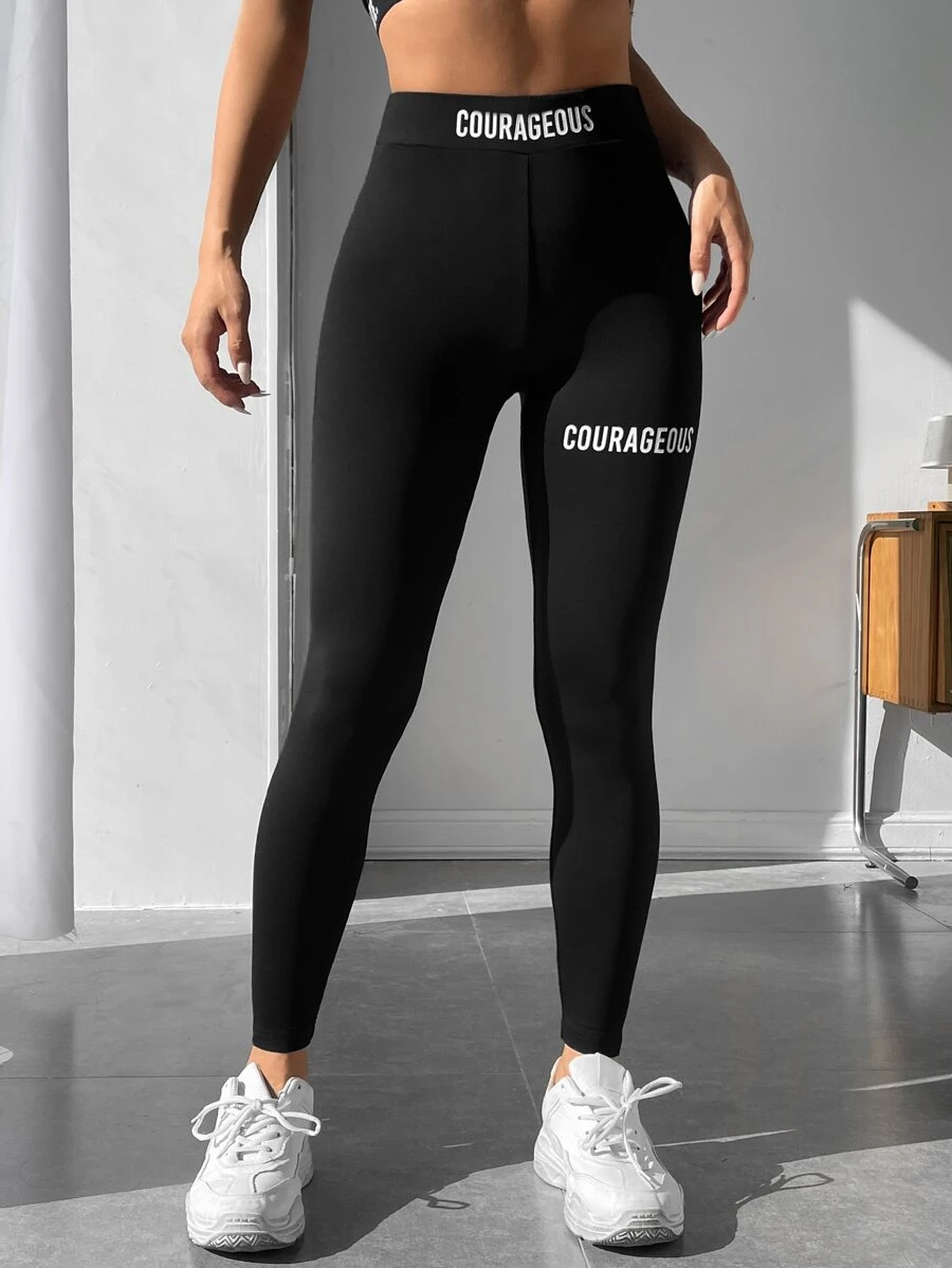 SHEIN PETITE Letter Graphic Black Bodycon Leggings - Black - View 1