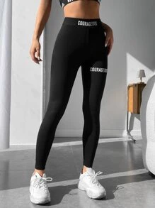 SHEIN PETITE Letter Graphic Black Bodycon Leggings - Black - View 6