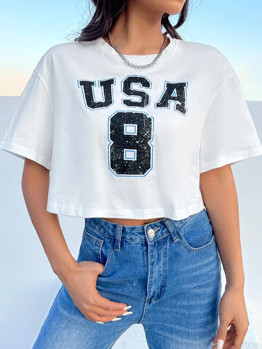 SHEIN Coolane Letter Graphic Drop Shoulder Crop Tee - White - View 1