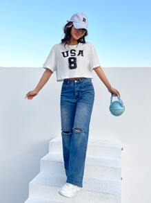 SHEIN Coolane Letter Graphic Drop Shoulder Crop Tee - White - View 4