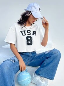 SHEIN Coolane Letter Graphic Drop Shoulder Crop Tee - White - View 5