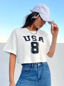 SHEIN Coolane Letter Graphic Drop Shoulder Crop Tee - White - View 6